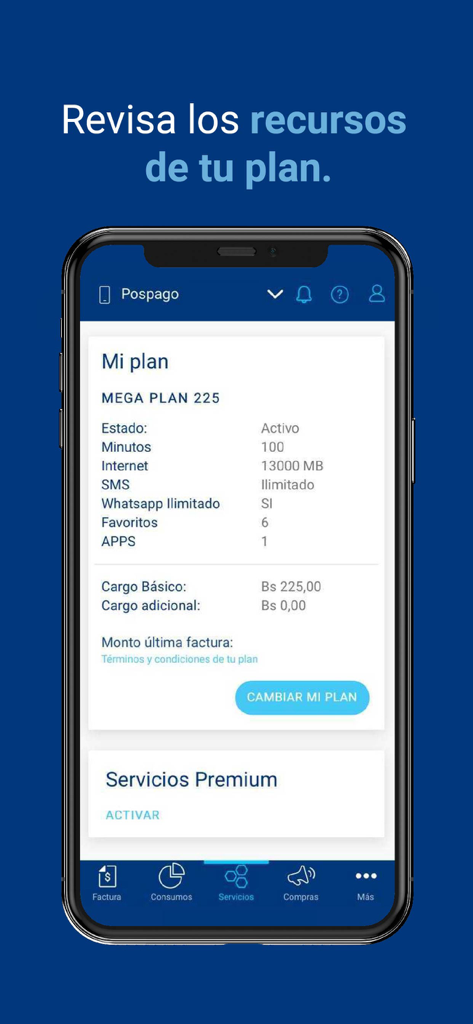 Mi Tigo (Antes Tigo Shop) - Smartphone mostrando la pantalla de la app Mi Tigo con recursos del plan móvil que incluyen saldo de datos, minutos y cargos mensuales.