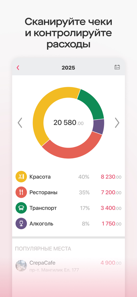 Saby Get: Места и услуги - Saby Getアプリの経費追跡画面、美容やレストランを含む支出カテゴリーの円グラフを表示
