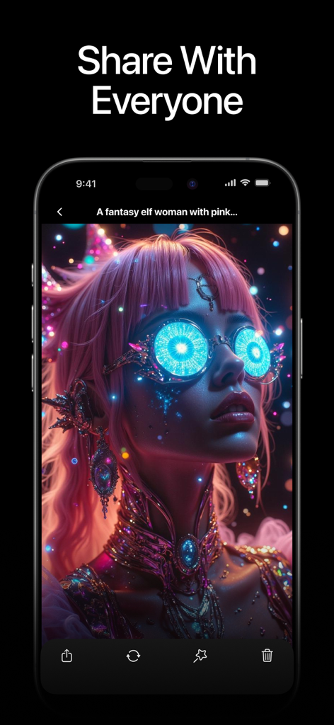 Un écran de smartphone montrant une femme elfe fantastique IA générée avec des cheveux roses et des lunettes bleues lumineuses dans Flux Kontext