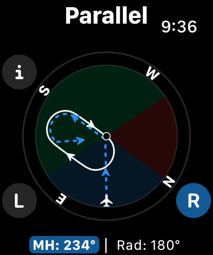 Hold Entry Calculator app on Apple Watch showing a parallel hold entry pattern for pilots