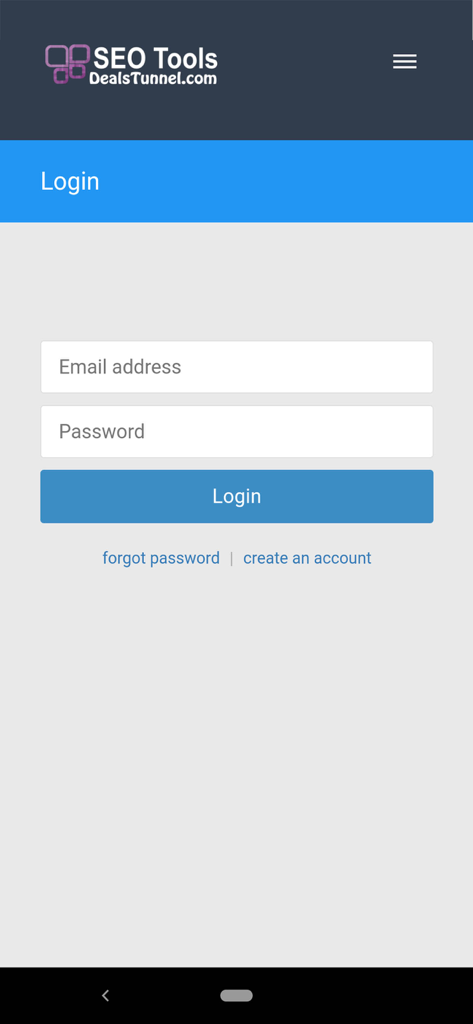 SEO Tools- Rank Quickly - Écran de connexion de l'application mobile Outils SEO avec des champs de saisie pour l'e-mail et le mot de passe