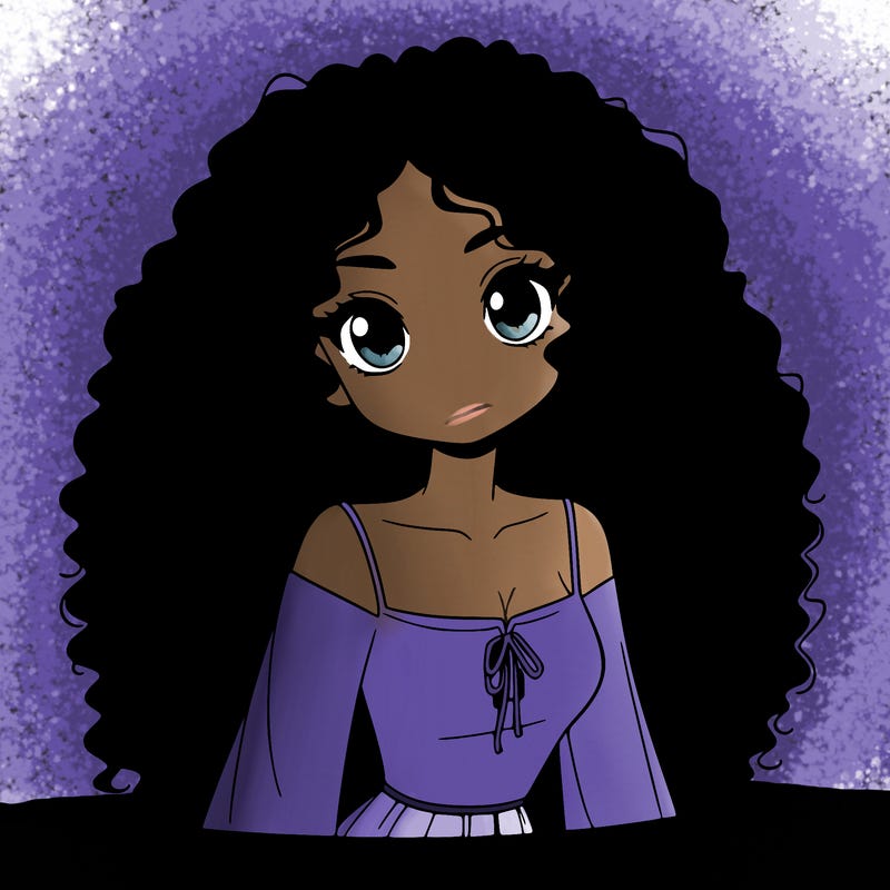 a black anime girl with long afro hair