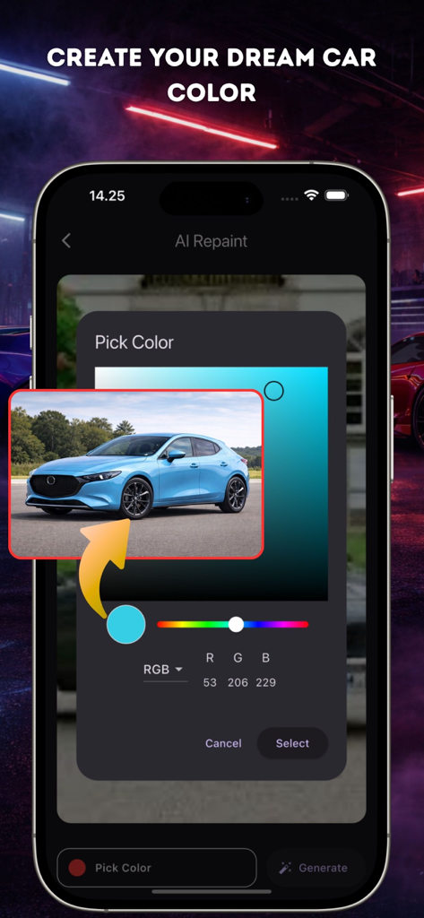 Car Color Editor Ai Repaint - Interfaz de la aplicación Car Color Editor AI con selector de color y vista previa de coche azul