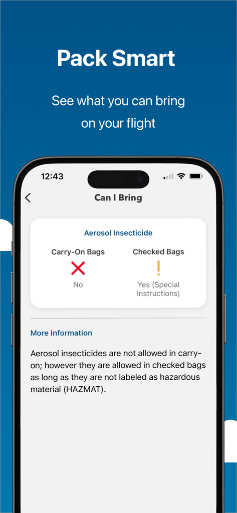 MyTSA app screen showing rules for bringing aerosol insecticide on a flight, prohibited in carry-on and allowed in checked bags with special instructions.