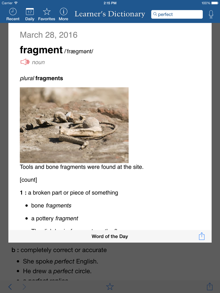 Learner's Dictionary - English HD - Screenshot of Merriam-Webster's Learner's Dictionary iPad app displaying the word of the day fragment with definition and example photo.