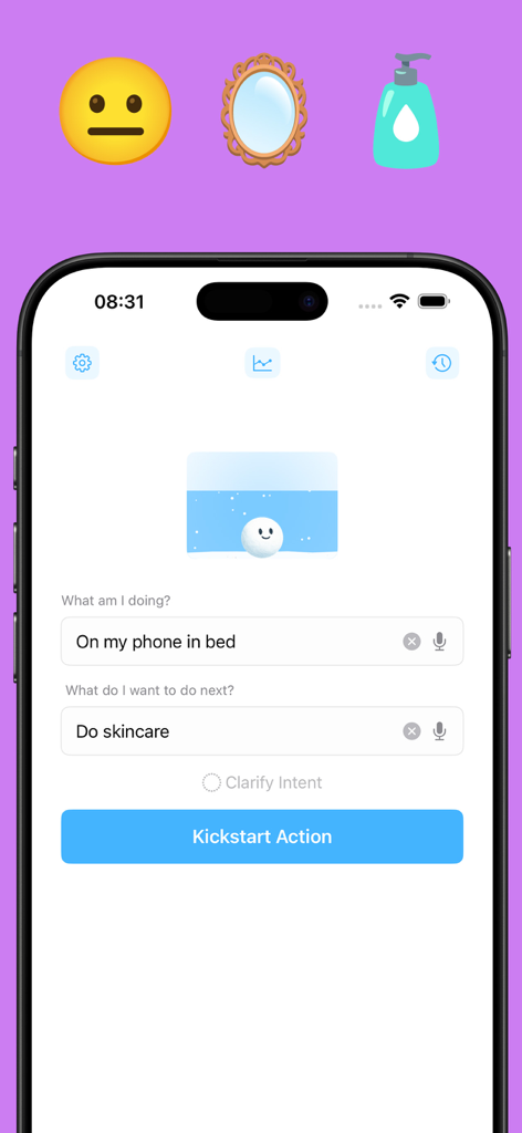 Snowballing - Start small - Snowballing app interface showing a task transition from phone use to skincare with a kickstart button