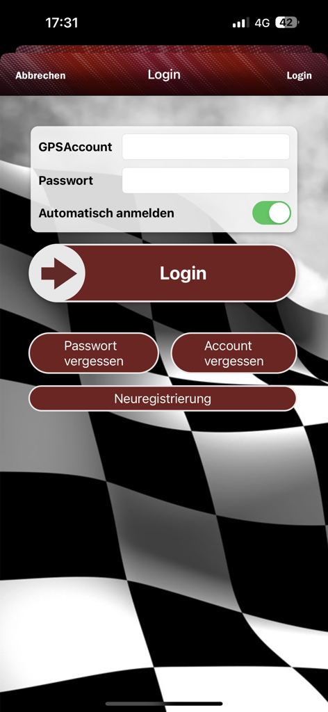 Racing App - Tela de login do Racing App com campos para GPSAccount e senha, com um fundo de bandeira quadriculada.