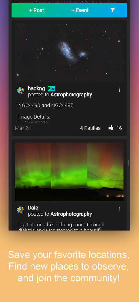 Astrospheric - Community feed in the Astrospheric app showing shared astrophotography images of galaxies and the aurora borealis.