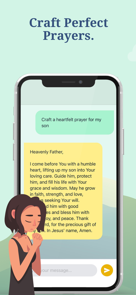 Bible Talk - Deepen Your Faith - Una interfaz de smartphone que muestra una oración personalizada generada por IA para un hijo dentro de la aplicación Bible Talk.