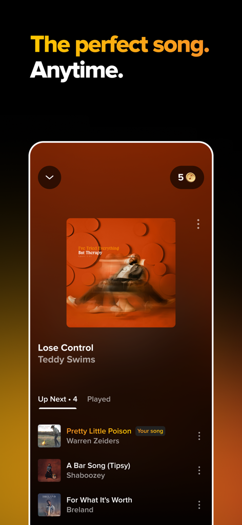 TouchTunes app interface showing the music player screen with a song playing and a queue of upcoming tracks