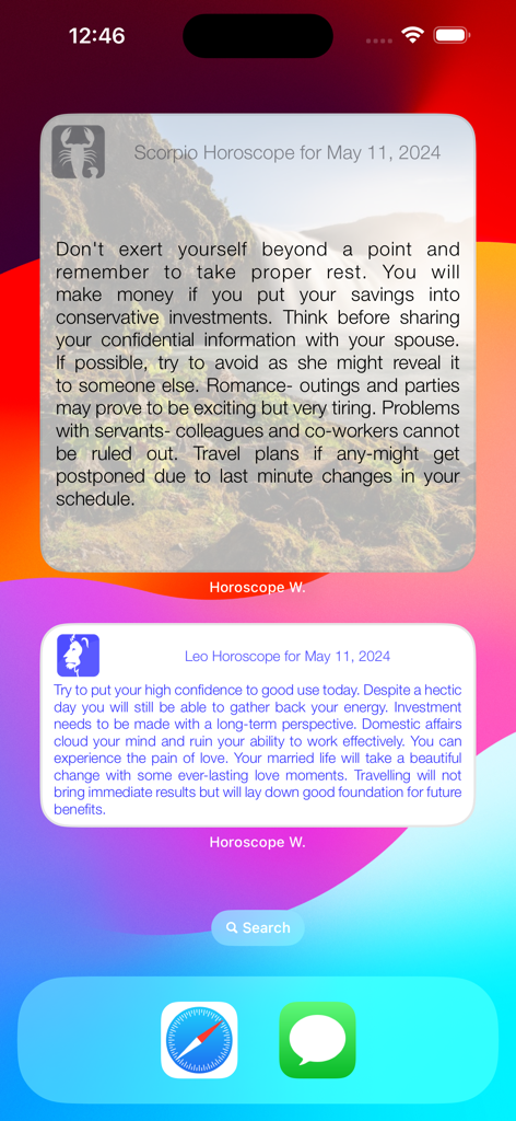 Horoscope Widget - Daily horoscope widgets for Scorpio and Leo signs on an iPhone home screen