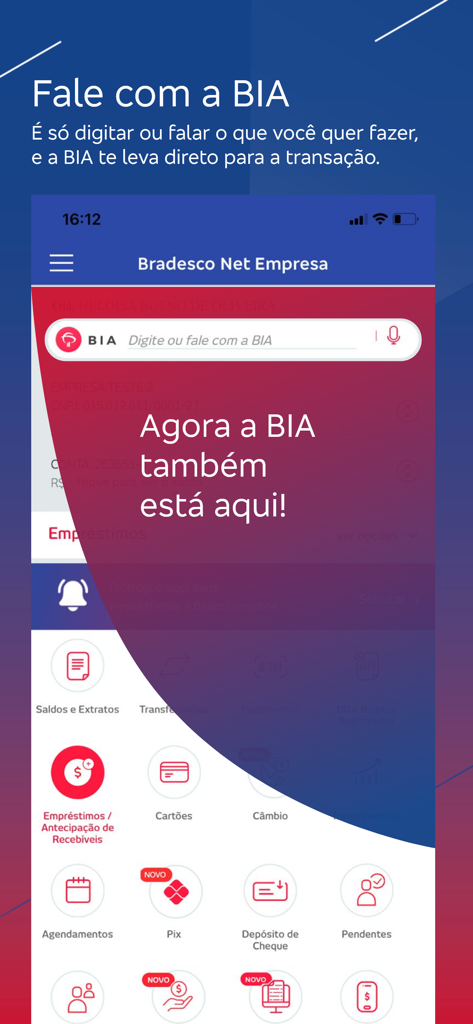 Interface do aplicativo Bradesco Net Empresa destacando o assistente virtual BIA para serviços bancários empresariais