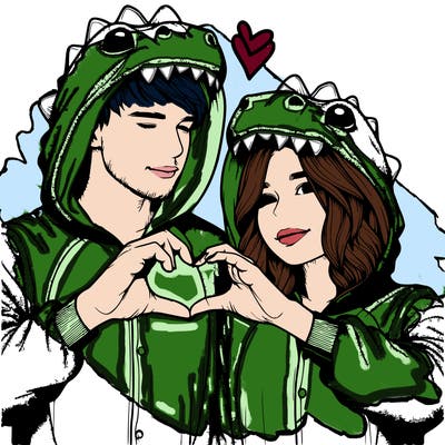 realistic couple wearing matching dinosaur onesies with heart hand gesture