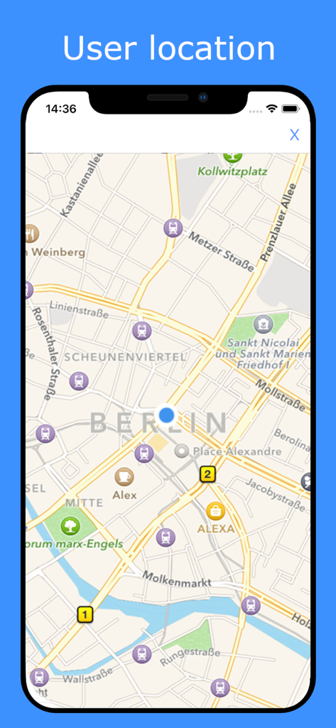Metro DE - Berlin, Munich - Pantalla de aplicación móvil mostrando la ubicación del usuario en un mapa detallado de la calle de Berlín