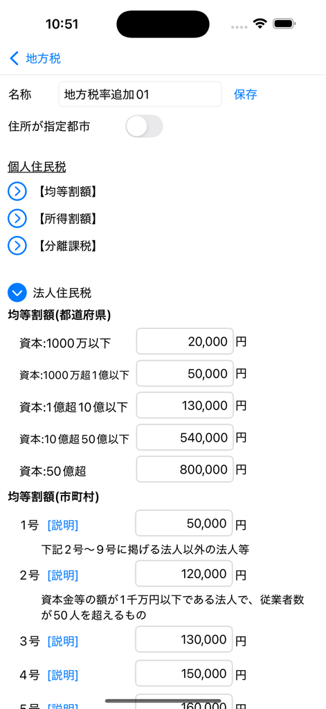 税理Pro - Local tax calculation screen in the Zeiri Pro app showing corporate inhabitant tax rates for Japanese prefectures and municipalities