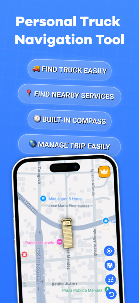 Interface de ferramenta de navegação de caminhão mostrando um mapa com um ícone de caminhão e botões de recursos como encontrar caminhão e serviços próximos