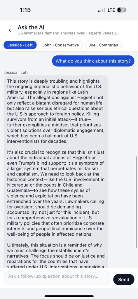 Mobile app interface showing AI-driven multi-perspective news analysis with a left-leaning viewpoint