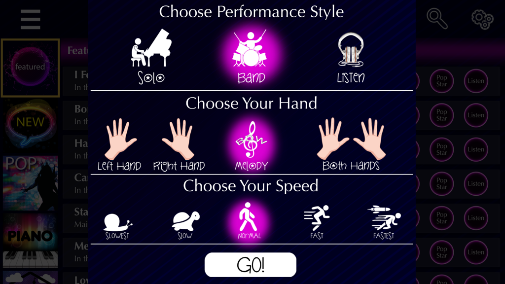 Piano With Songs- Learn to Play Piano Keyboard App - Menu delle impostazioni per scegliere lo stile di esecuzione, la modalità mano e la velocità di riproduzione nell'app Piano With Songs.