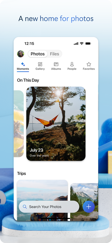 Microsoft OneDrive mobile app displaying the photo gallery interface with automated memories and search functionality