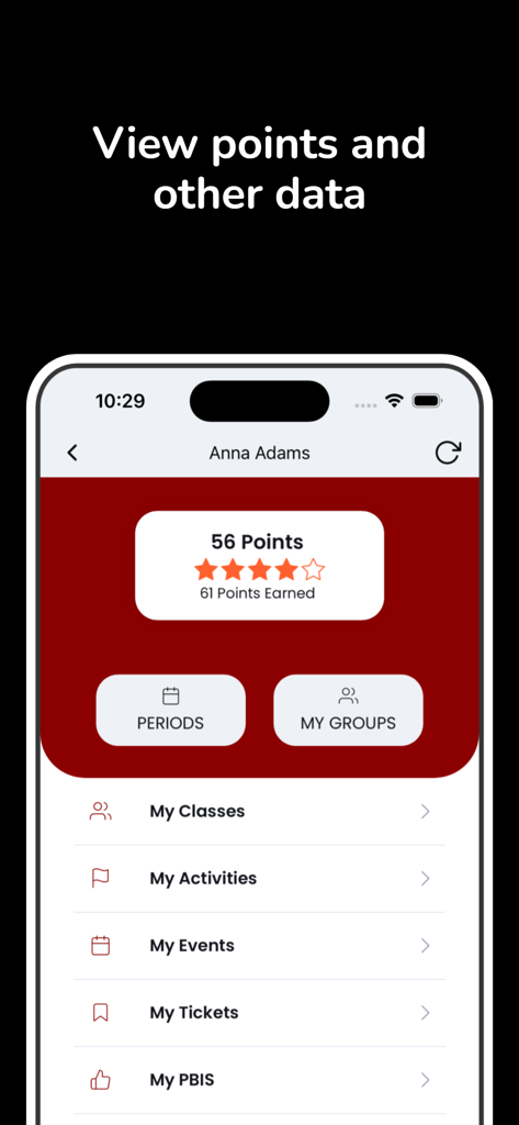 Interface of 5-Star Students app showing student points and school activity list
