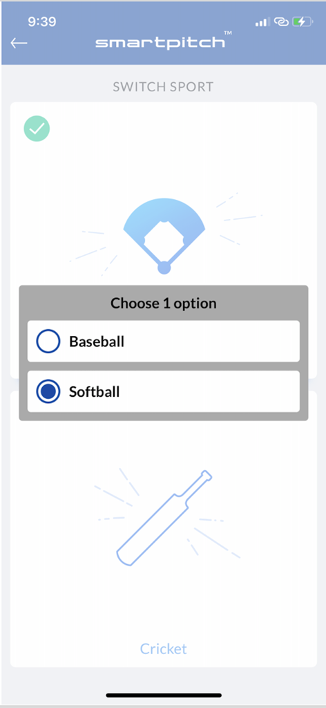 SmartPitch app interface for choosing between baseball and softball sports