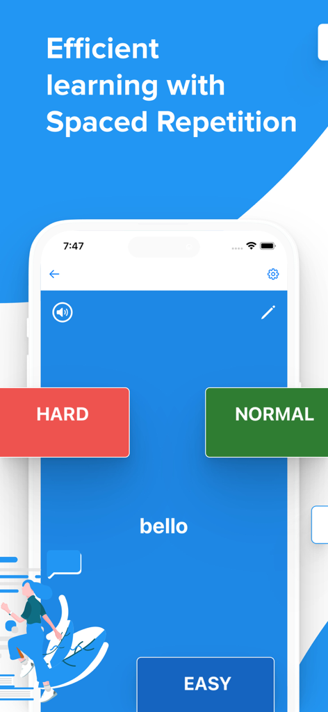 Flashcards World - AI Cards - Flashcards World app screen showing spaced repetition study mode with difficulty buttons