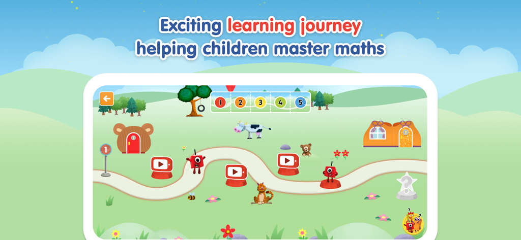 Numberblocks World - Un mapa educativo interactivo en la aplicación Numberblocks World mostrando un camino de aprendizaje de matemáticas con niveles y personajes animados.