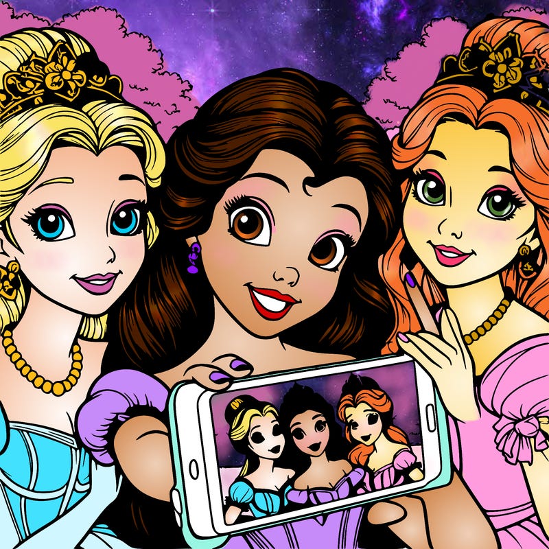 fairytale princesses who take a selfie together realistic