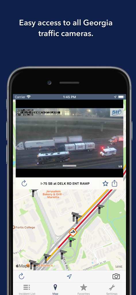 Aplicativo Estradas do Estado da Geórgia mostrando um feed de câmera de tráfego ao vivo para a I-75 e um mapa de incidentes em tempo real.