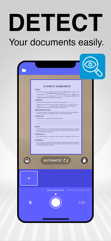 Smartphone app interface showing automatic border detection of a document for scanning
