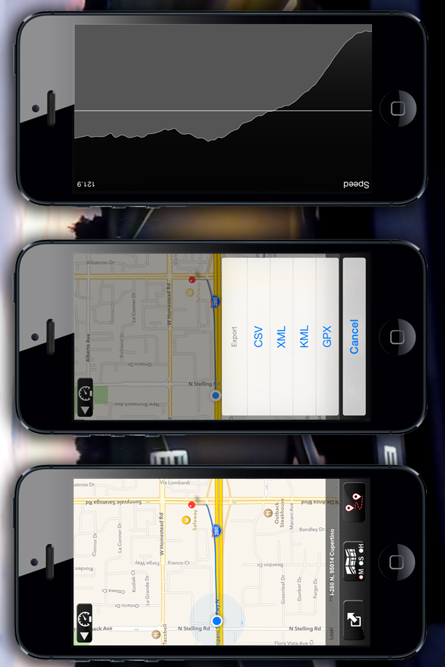 Capturas de pantalla de la aplicación Speedo GPS que muestran gráficos de velocidad, navegación por mapas y opciones de exportación de archivos en tres iPhones