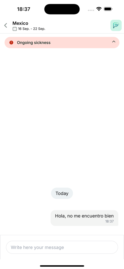 famba - Chat interface in the famba app for medical assistance while traveling