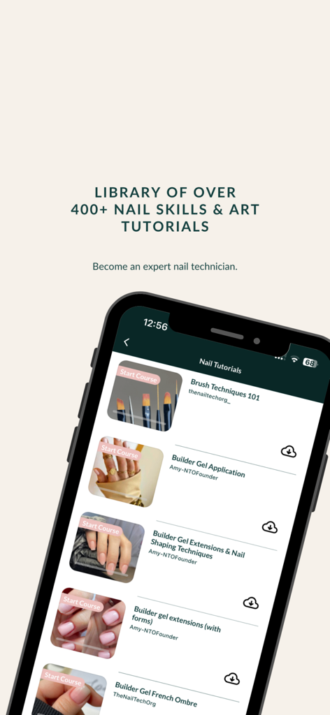 TheNailTech.org - A smartphone screen displaying a library of nail skill and art tutorials from TheNailTech.org app.