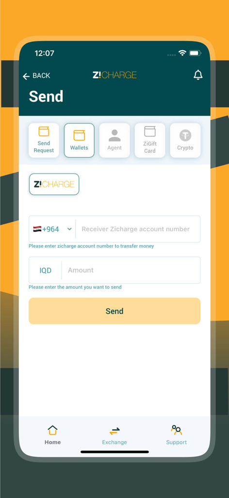 ZiCharge - Interface of the ZiCharge app showing the send money screen with fields for receiver account number and amount in IQD