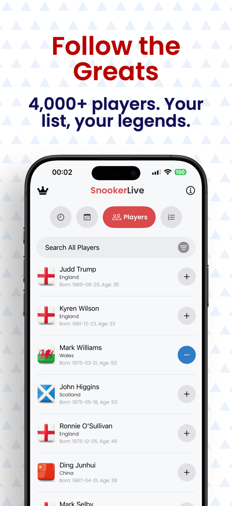 Snooker Live - Snooker Live app screen displaying a list of professional players including Judd Trump and Ronnie O'Sullivan with their career statistics.