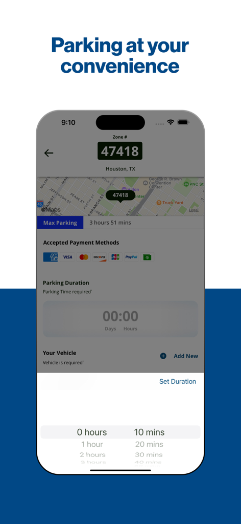 Smartphone screen of the ParkHouston app showing a map of Houston and a parking duration selector
