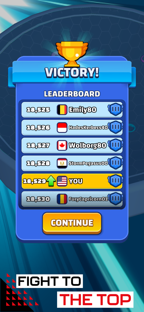 Victory screen in Spinner Fighter Arena showing a global leaderboard with player rankings and a golden trophy.