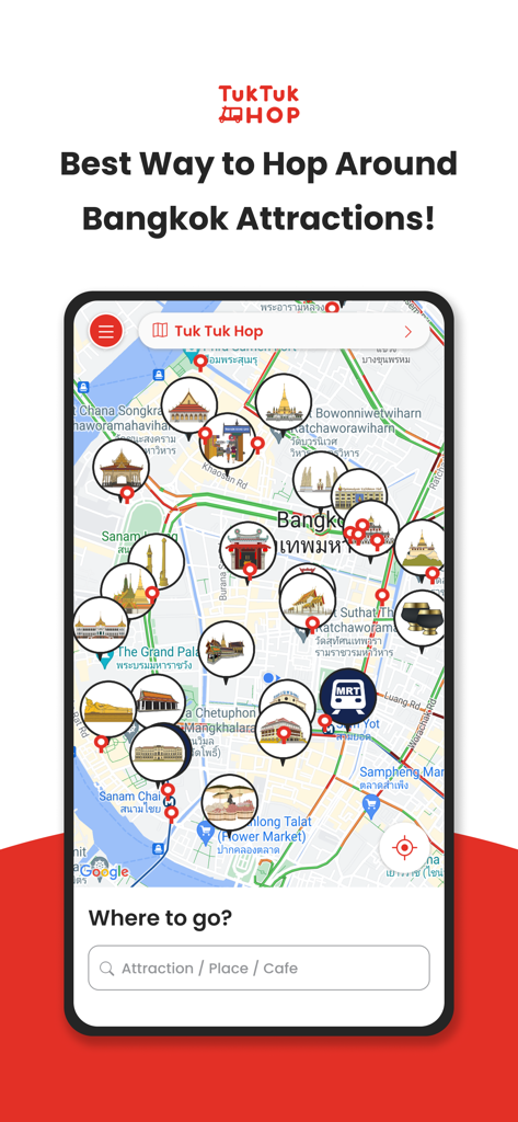 Tuk Tuk Hop - Tuk Tuk Hop mobile app interface showing a map of Bangkok with icons for major tourist attractions and a search bar for places and cafes