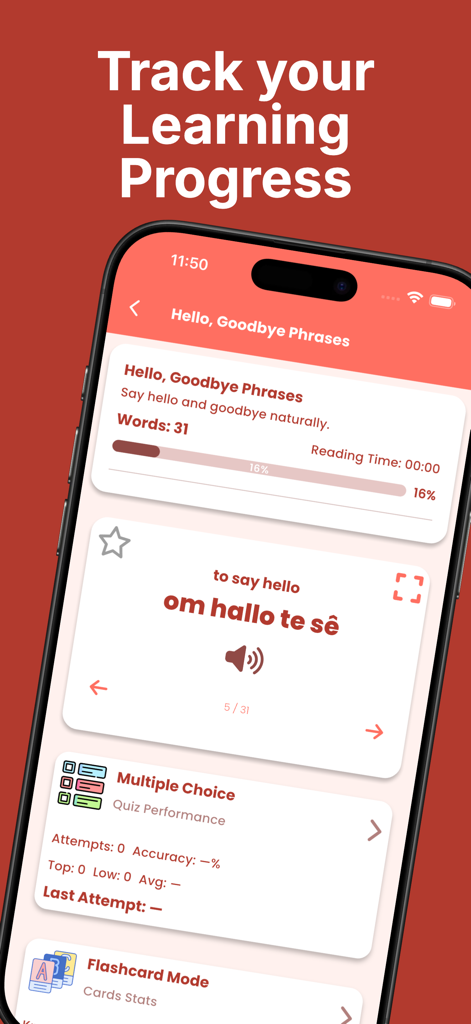 Learn Afrikaans Phrases - Mobile app screen showing Afrikaans phrase flashcards and learning progress tracking.