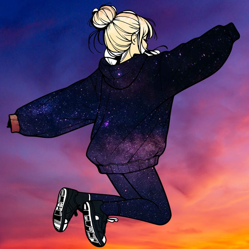 realistic girl jumping with a bun and oversized sweatshirt
