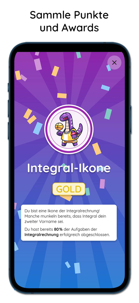 Miranda - Mathe-Nachhilfe - Captura de tela do aplicativo de reforço de matemática Miranda mostrando uma conquista de ouro em cálculo integral com um mascote de dinossauro