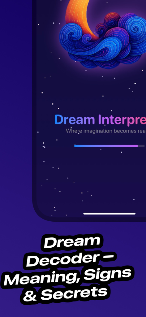 Dream Meaning AI Interpreter app home screen with dream decoder text and stylized moon graphic