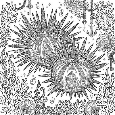 Explore the depths with this captivating coloring page featuring regular sea urchins re-imagined in a striking Gothic style. Discover intricate patterns, Victorian elegance, and a touch of dark mystery beneath the waves.
