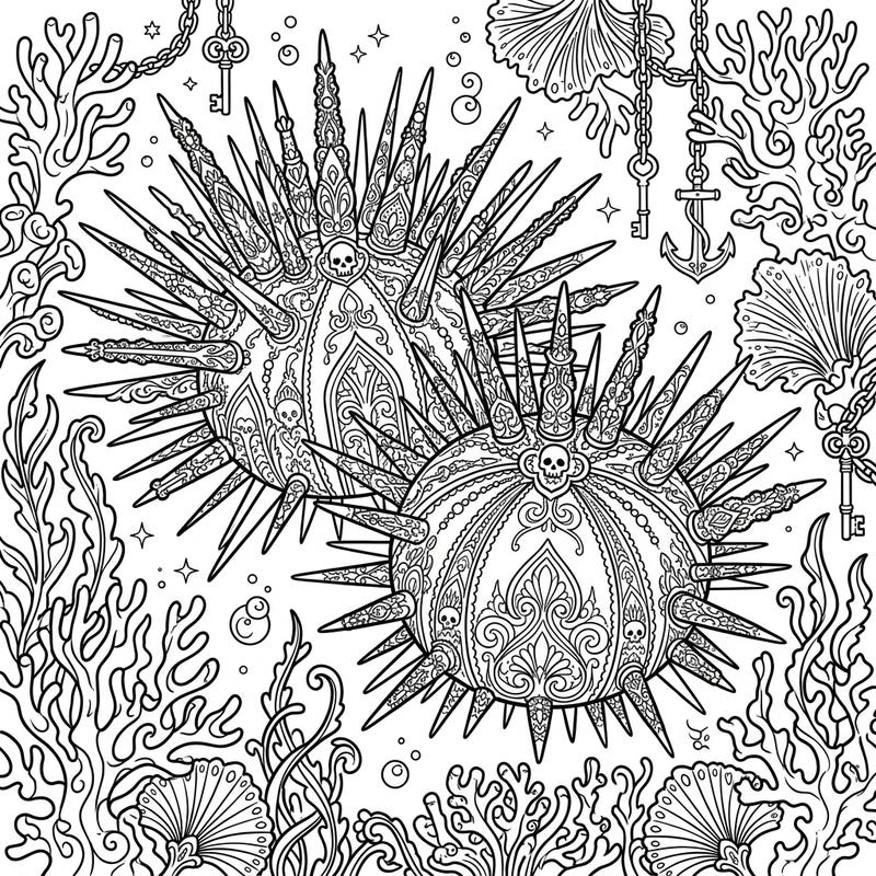 Explore the depths with this captivating coloring page featuring regular sea urchins re-imagined in a striking Gothic style. Discover intricate patterns, Victorian elegance, and a touch of dark mystery beneath the waves.