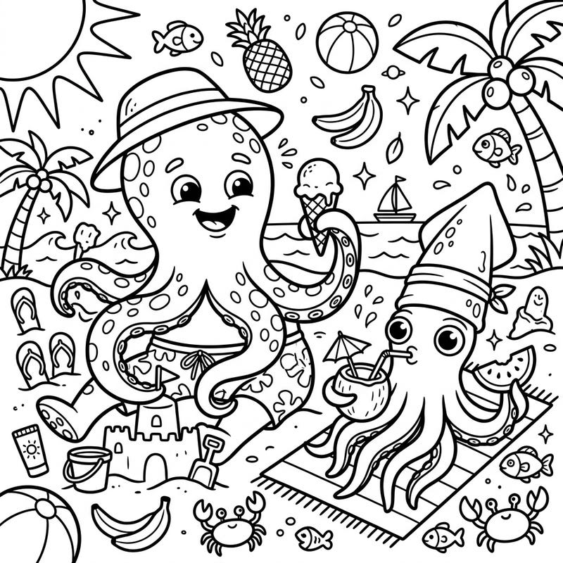 Get ready for an adorable underwater summer vacation! This charming coloring page features giant octopi and squid enjoying a sun-drenched beach day, complete with ice cream, sandcastles, and tropical treats.