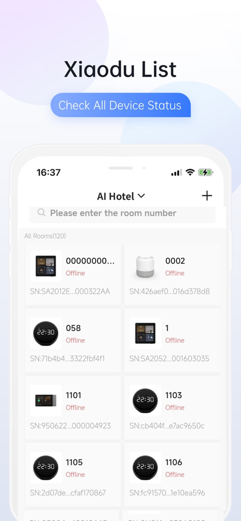 ホテルおよび接続されたスマートデバイスのステータスを表示するXiaodu Hotelアプリの画面。