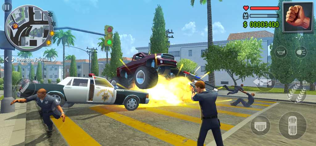Gangs Town Story: Grand Crime - Action packed gameplay showing a monster truck jumping over a police car with explosions in an open world city