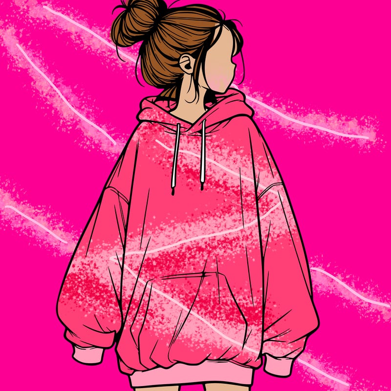 realistic girl with a oversized sweatshirt on and a bun