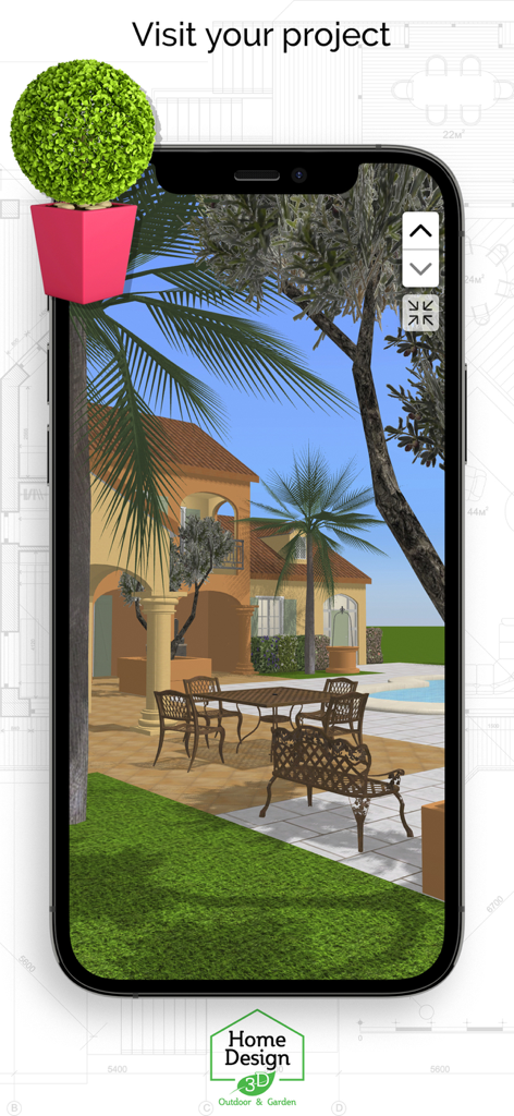 3D-Visualisierung eines Gartens mit Terrassenmöbeln und einem Pool auf einem mobilen Bildschirm