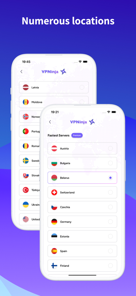 VPN Ninja interface showing a list of global proxy server locations